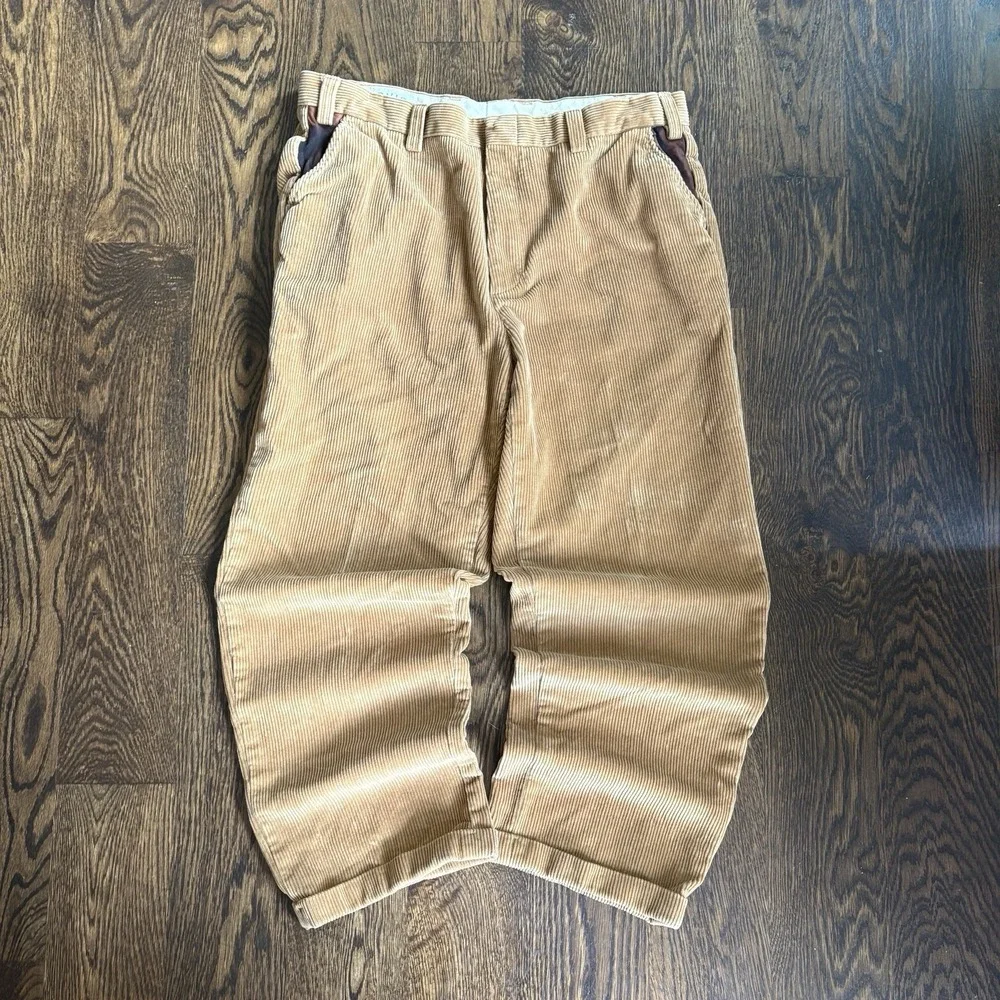 Vtg Orvis Leather Trim Corduroy Pants Mens 38x29 Tan Wide Wale Straight Trousers